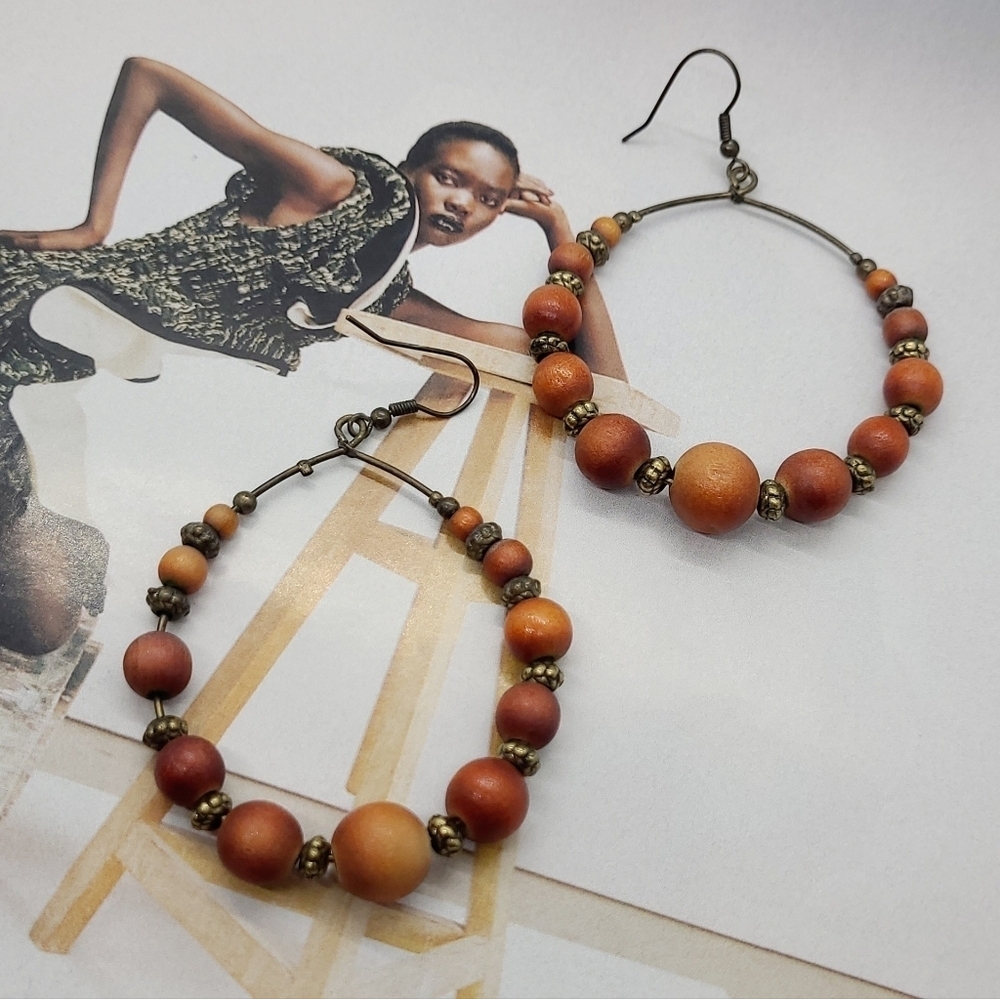 Artisan Boho Wooden Graduated Bead Hoop Earrings